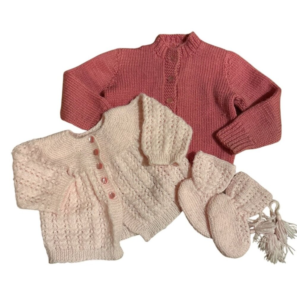 Handmade Baby Cardigan Set Pink & Peach Knit Cardigans With Booties For Infants